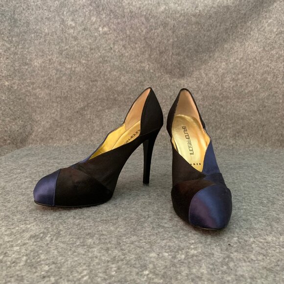 Bruno Frisoni Paris Women’s Blue and Black Satin Heel Leather Sole Pump Shoes - Picture 3 of 11